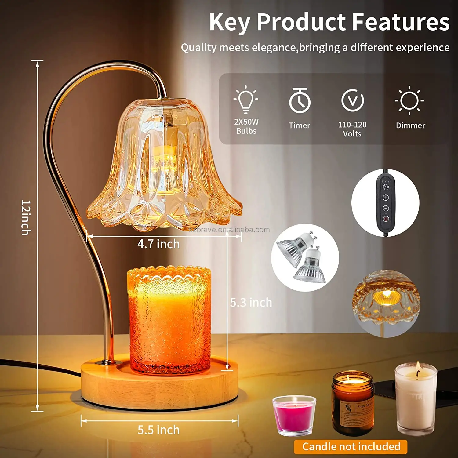 Lampe Chauffe-Bougie Électrique Avec Minuterie - Design Vintage Fleur Dorée, Gradateur, 2 Ampoules Incluses