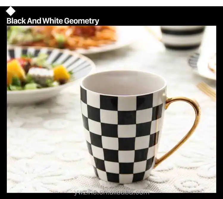 Ceramic Black and White Stripe Lattice Mugs With Gold Handle Spoon Modern  Home Decor Personalized Kitchen