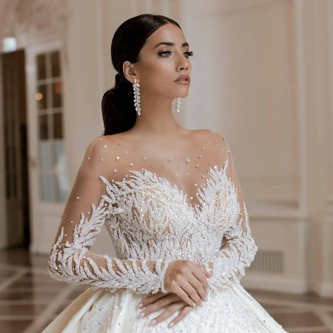 High Quality Long Sleeve Rhinestone Crystal Luxury Wedding Dress 2023 Ball  Gown