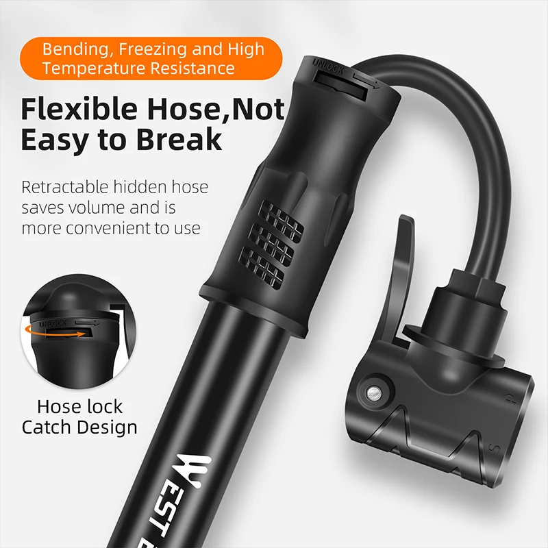 WEST BIKING Mini Portable High Pressure Pump 100PSI Aluminum Alloy  Lightweight Flexibke Hose Outdoor Mini Bicycle Portable Pump