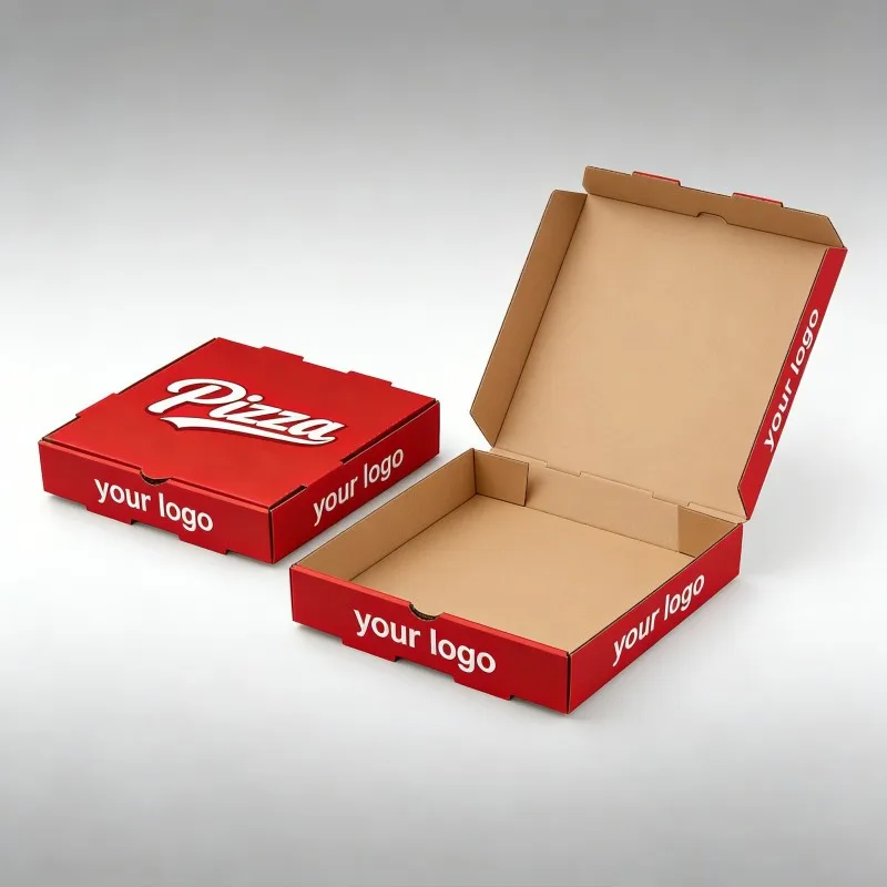 Tukkukauppaan tarkoitetut punaiset, asiakaslogon mukaisesti tulostetut ruokapizzalaatikot, koot 8, 9, 10 ja 12 tuumaa, asiakaslogon mukaisesti tulostettu suunnittelu, OEM- ja ODM-koot, pizzan kotiinkuljetuslaatikot