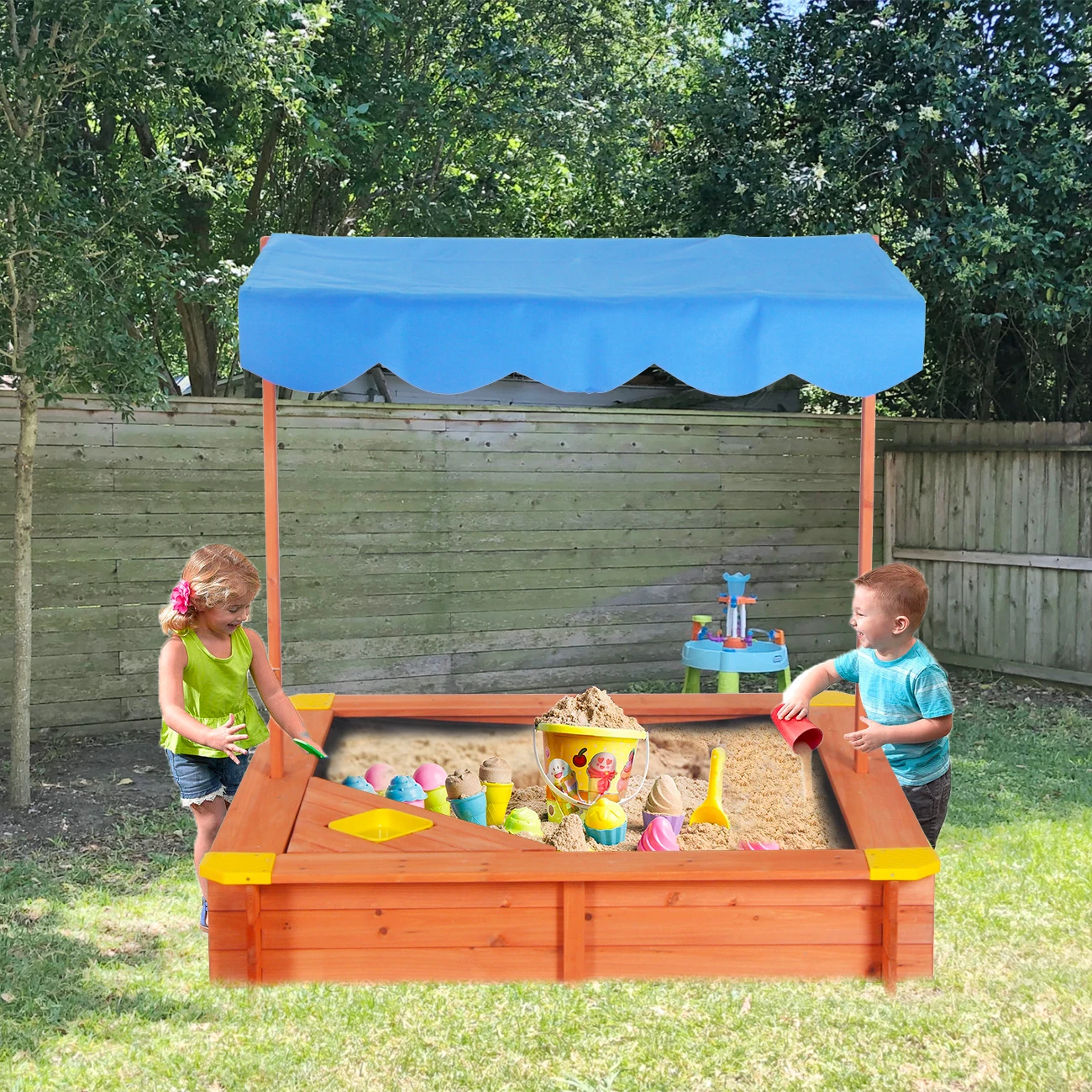 Outdoor Sandpit Wooden Kids Sandbox With Adjustable Canopy Cover For