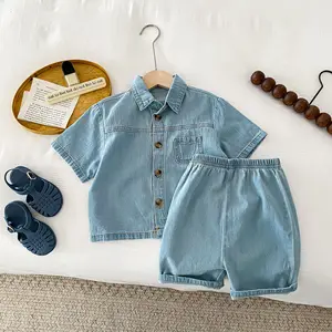 Summer New Children Casual Print Two-Piece Set Boys and Girls Short-Sleeved Denim Pants with Treasure Suit
