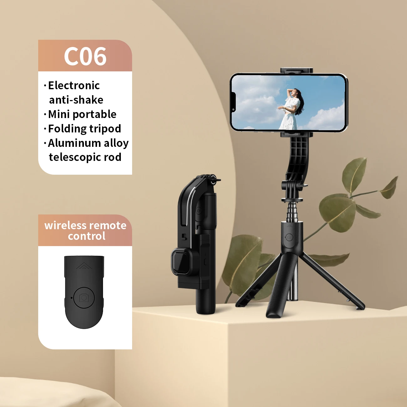 C06 Handheld Foldable One Axis Mobile Phone Gimbal Stabilizer Wireless Remota Vlog Photo Selfie Stick Tripod for Smartphone