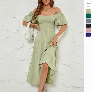Eco-Friendly European Off-Shoulder Modest Dress Casual Smoking Short Sleeves Draped Decoration Solid Pattern Midi Wholesale