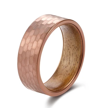 Poay 8mm Coffee Gold Black Silver Hammered Brushed Surface Snake Koa Wood Liner Tungsten Rings for Men