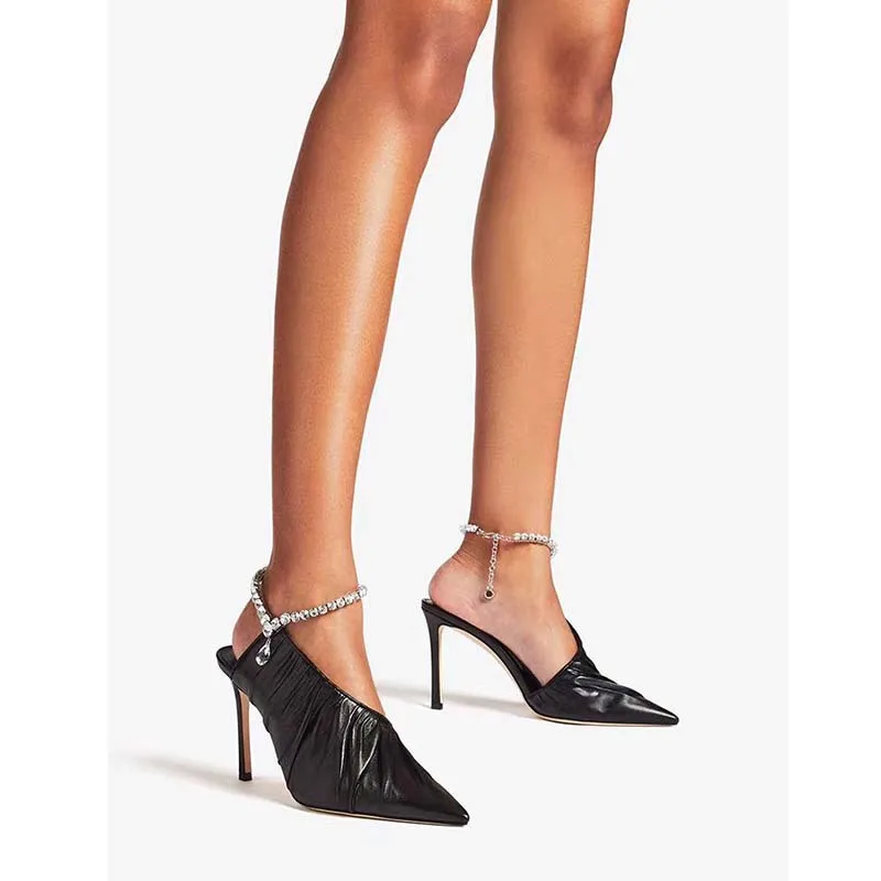 2024 Elegant Summer Sexy Point Toe Ladies Shoes Chain Rhinestone Stud Women Stiletto High Heel Pumps - Image 2