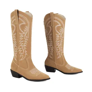 OEM/DOM Plus Size 4.5cm Chunky Western Boot Knight Boots Point Toe Brown Suede Leather for Ladies Autumn Winter Spring