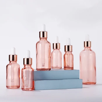 Round Oil Pink Serum Glass 2oz Dropper Bottle 30ml 100ml Eye Rose Gold Dropper Glass Bottle Pink Droplet Bottles For Cosmetic