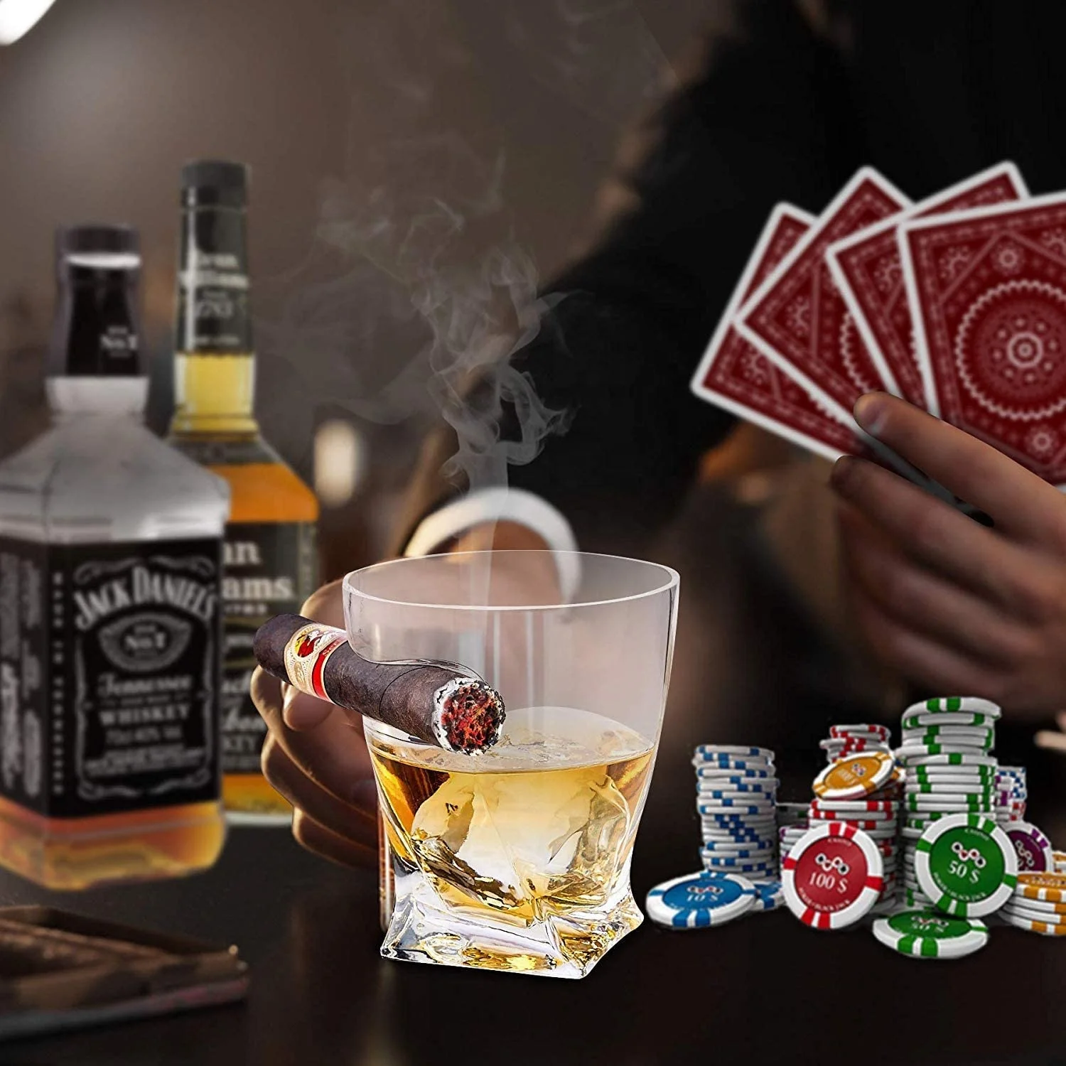 Promotional Price Cigar Whiskey Glass Old Fashioned Tumbler Glasses with  Side Mounted Cigar Holder Rest Wine Drinkware