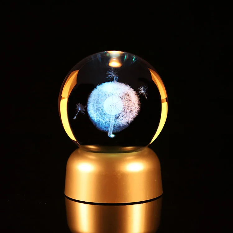 Various Home Decoration Customize Led Light 70 mm Glass Ball 3D Dandelion Laser Engraving Display K9 Crystal Ball Stand