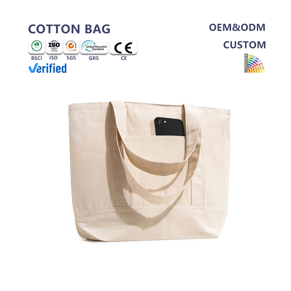 Eco-Friendly Canvas Cotton Tote Bag Customized Logo Handle Beach Shopping Bag Recyclable and Durable-Wholesale