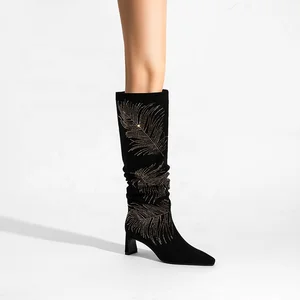 OEM ODM Elegant Faux Suede Knee-High Boots Sexy Folded Pointed Toe Square Heel Stylish Cowboy Design Height Increasing for