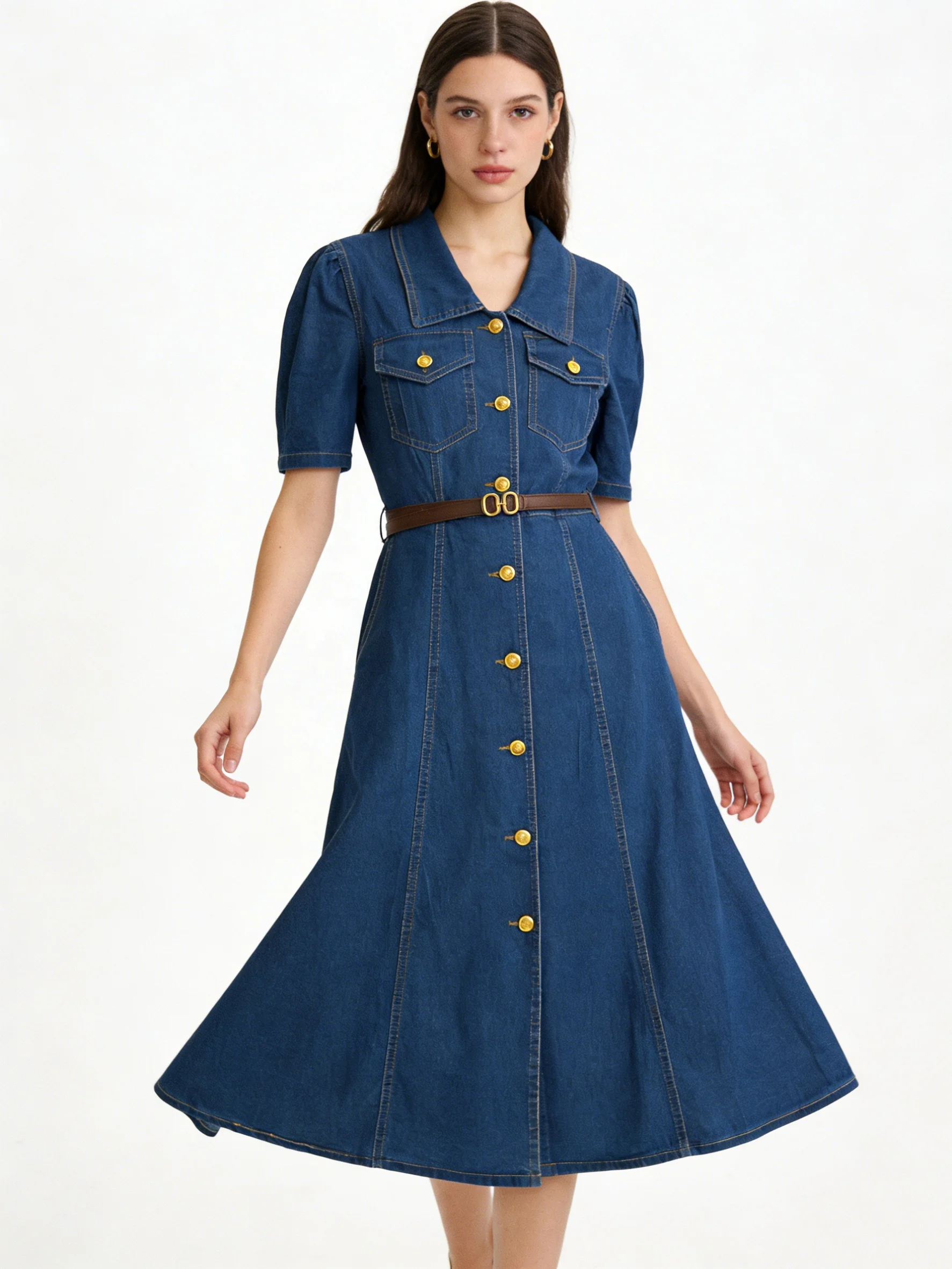 high end denim dresses Designer Denim Dress Women Long Dresses Single Breasted Big Turn-down Collar Waist Slimming