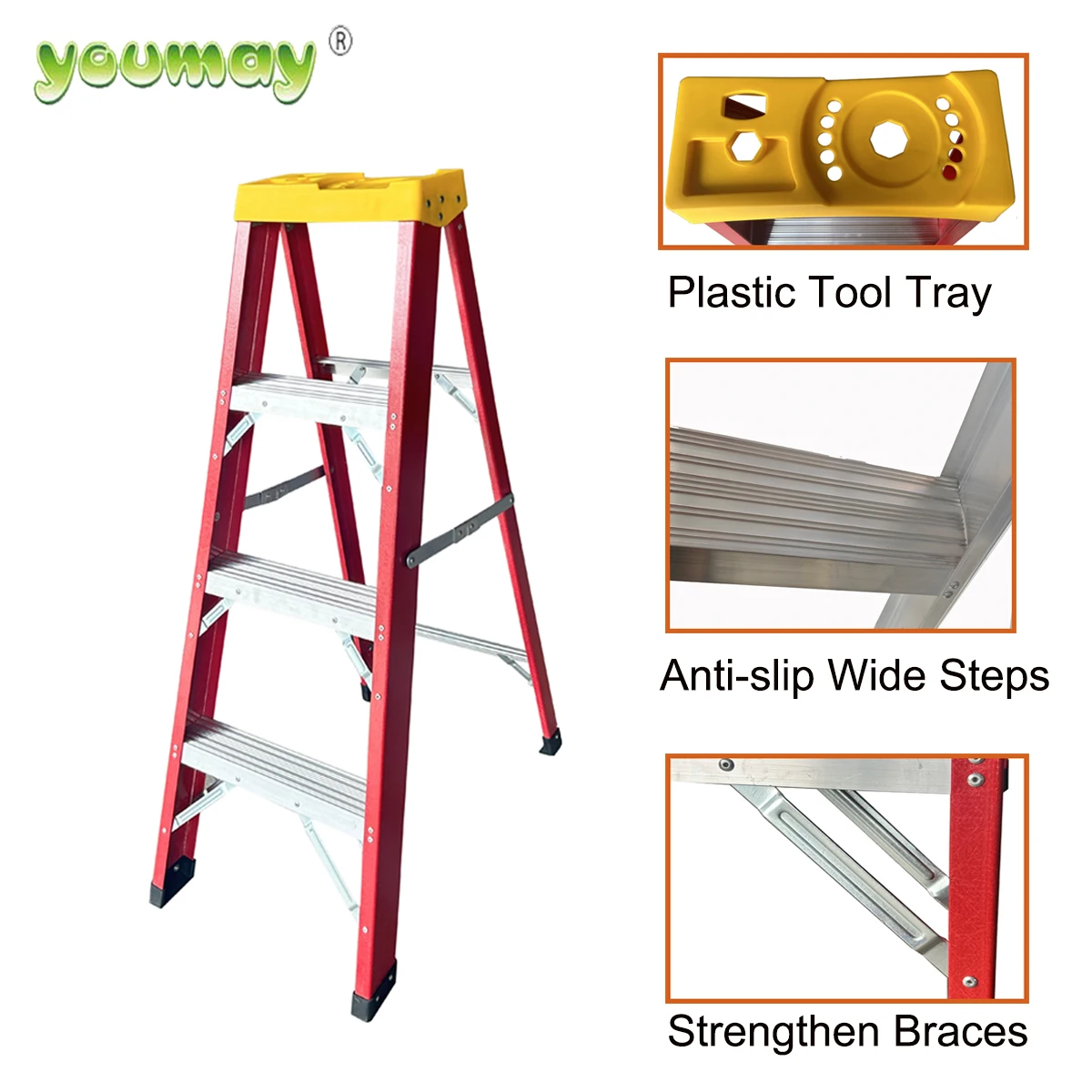 Fiber Glass Ladder  Simple Side Ladder with Plastic Tool Tray on the Top Folding Ladder