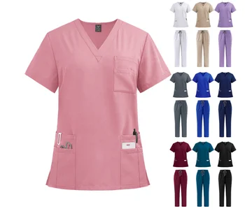 Custom Hospital Uniforms Multi-pocket V-neck Short Sleeves Nurse Scrubs Uniform Sets