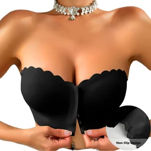 Factory ODM Soft Breathable Front Closure Wavy Trim  Bra Adjustable Bras WomenPush-Up Anti slip Front Strapless Buckle Bra Women