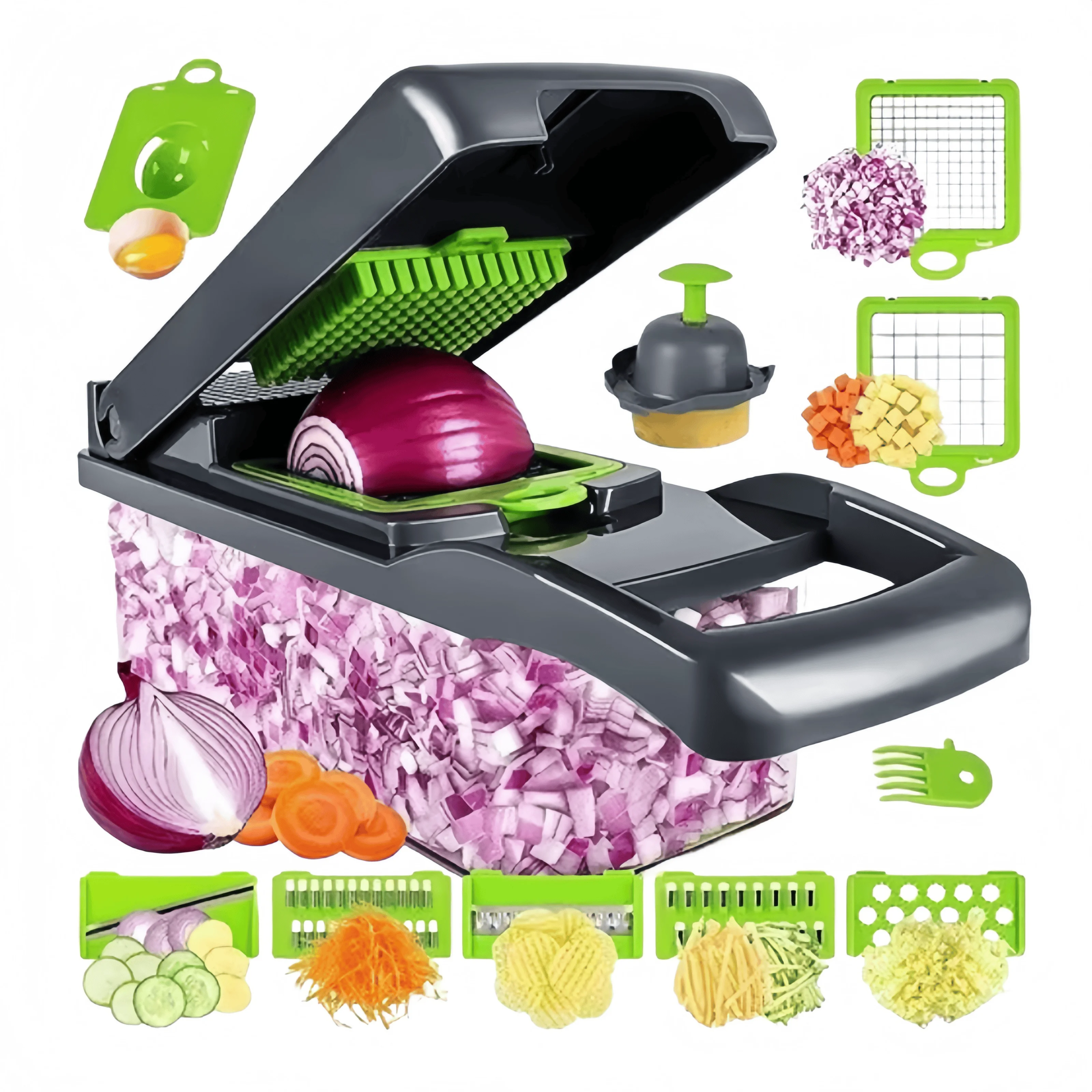 New Premium Multifunctional Fruit & Vegetable Chopper with 8 Blades & Container 12-in-1 Manual Food Cutter Slicer Dicer & Grater