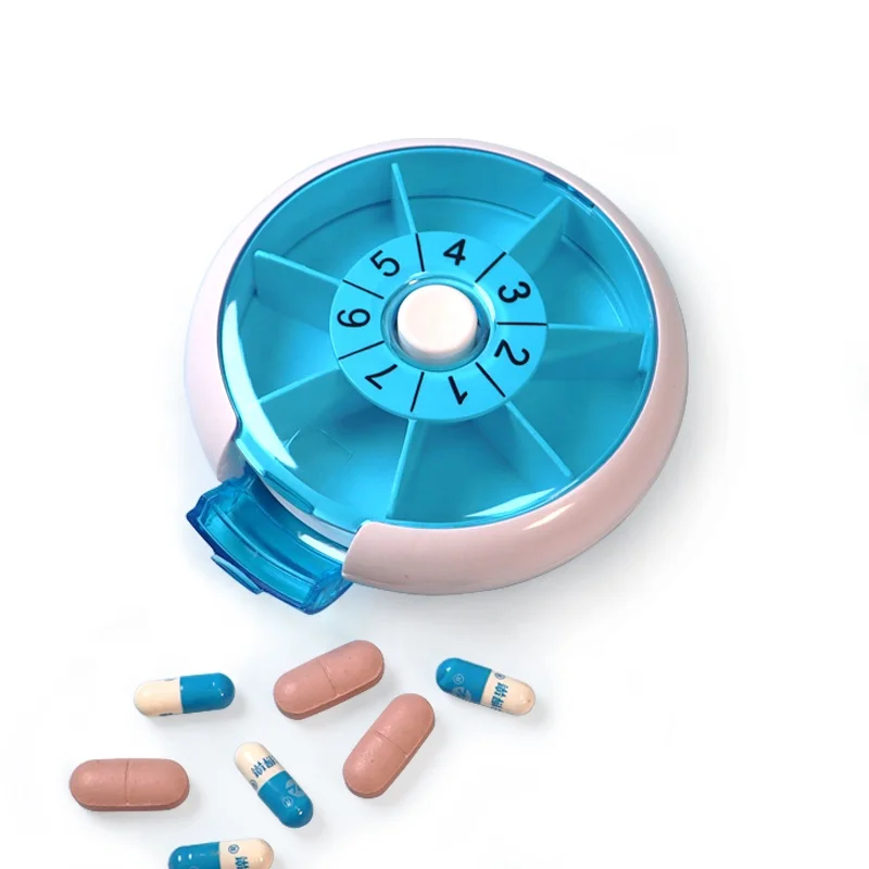 7 Days Rotating Pill Box Pill Storage Box Portable Round Promotional Small Plastic PP Plastic Blue and White Pill Organizer Box