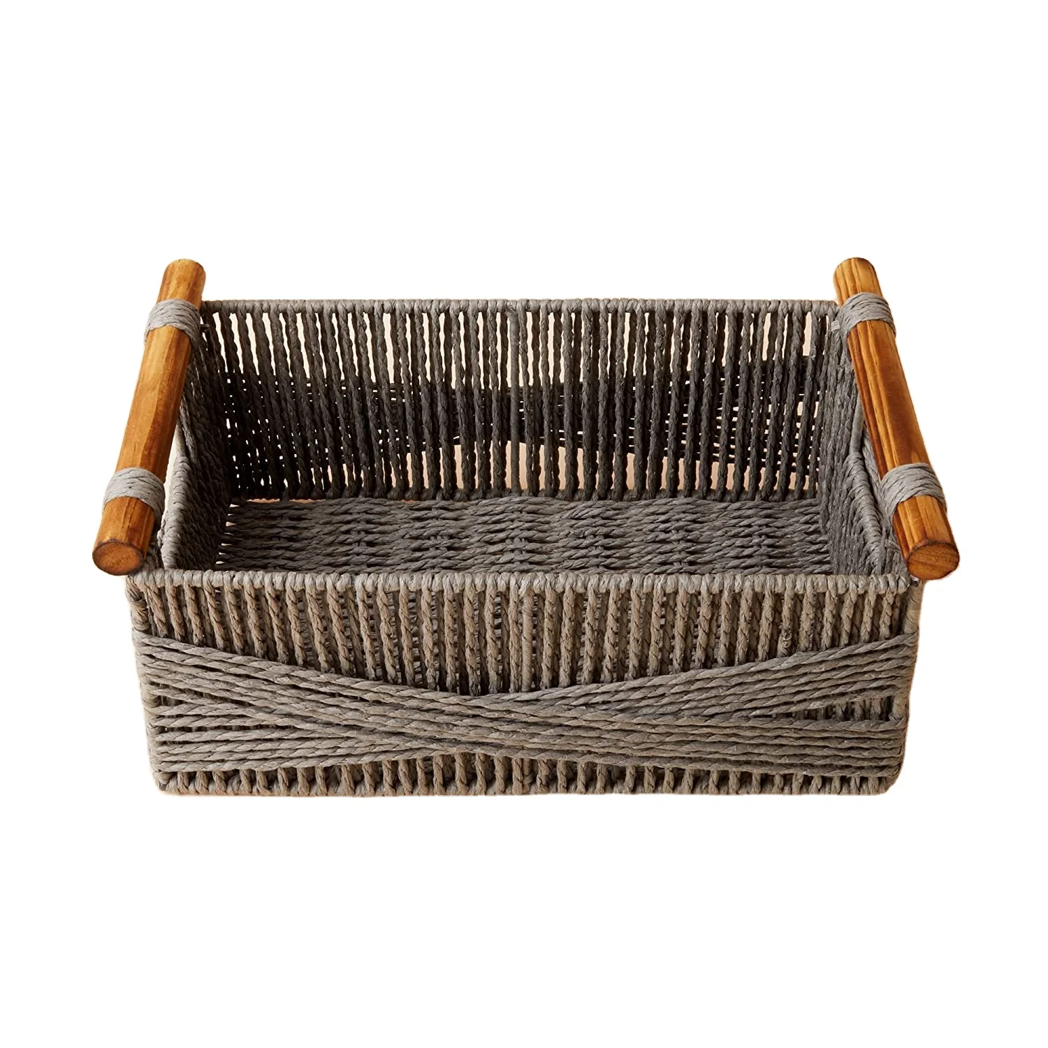 Wicker Storage Baskets for Organizing, Recyclable Paper Rope Basket with Wood Handles, Decorative Hand Woven Basket Organizers
