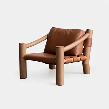 Nordic vintage solid wood single sofa chair designer creative living room balcony saddle leather elephant chair foot combination