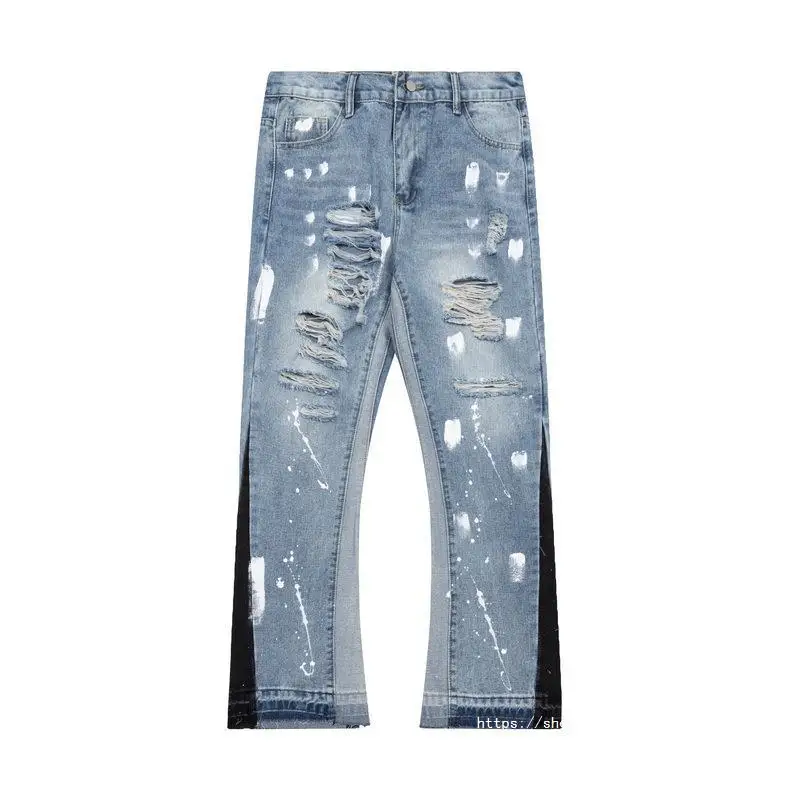 Custom Flare Slim-fit Distressed Jeans Fashion Patchwork Denim Jeans Men's Wide Leg Pants