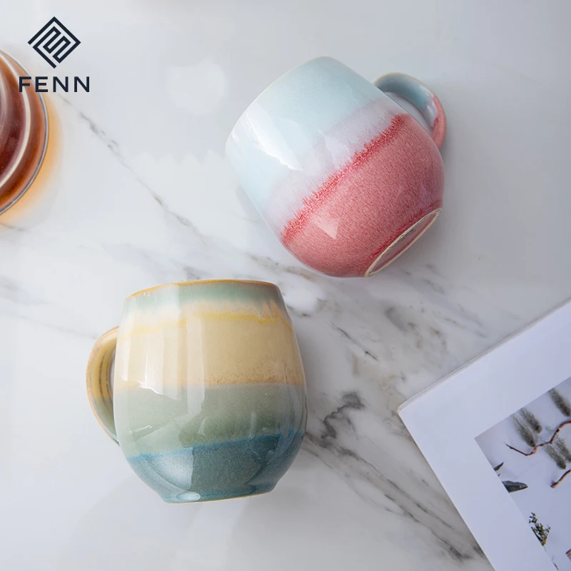 FENN Novelty Style Gradient Reactive Glaze Pot Belly Mug Large Ceramic Handmade Coffee Mugs Cup Stoneware Chubby Mug for Gift