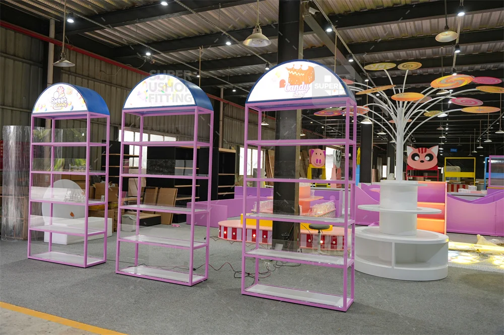 Candy Shop Decor Candy Retail Display Door Shape Lollipop Sugar Display Rack Led Light Colorful Candy Display Shelves