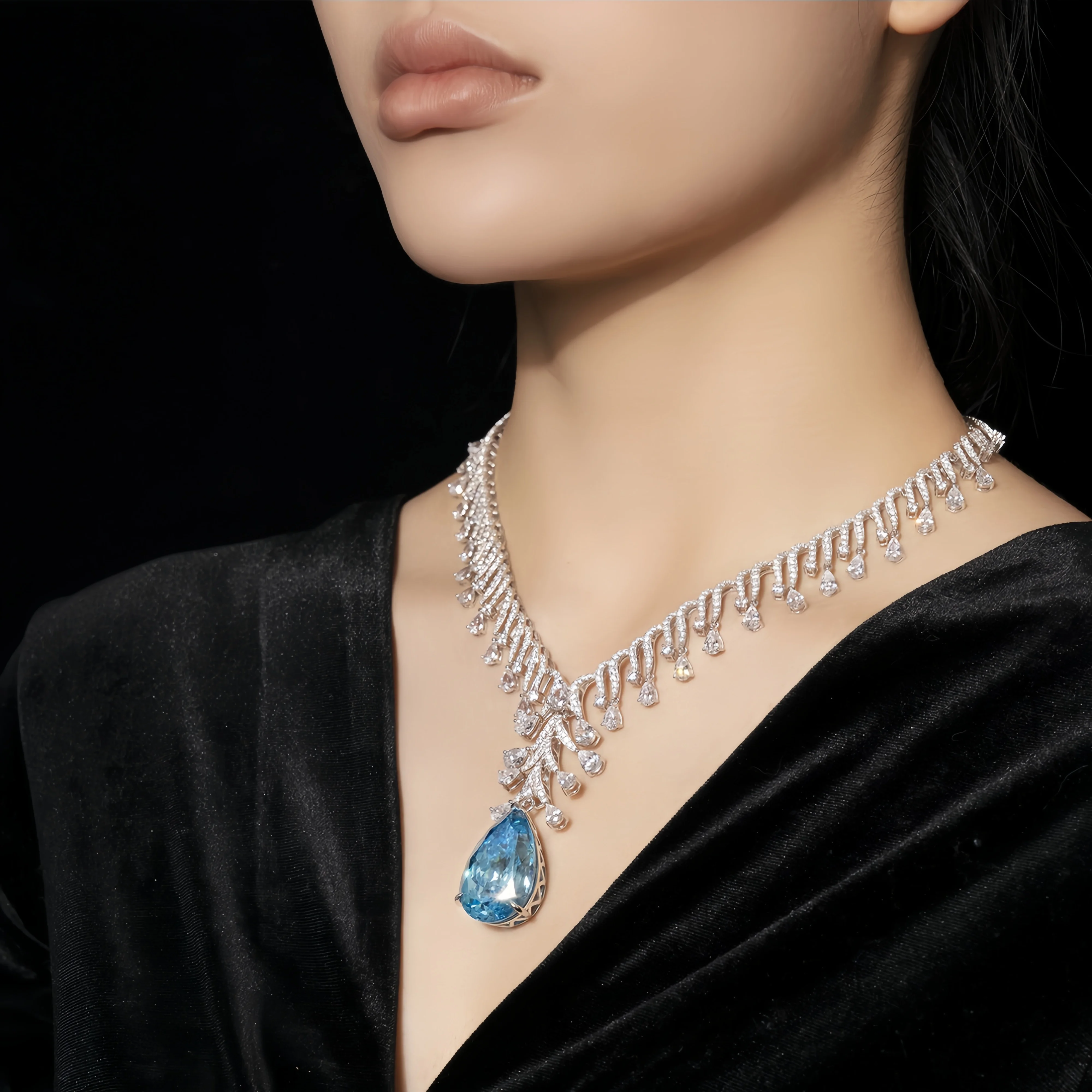 MUSHAN Jewelry Factory Luxury Brand Designer High Carbon Diamond Water Drop Sapphire Pendant Necklaces Woman 925 Silver Jewelry