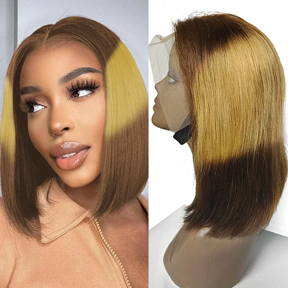 Glatte Bob-Perücke, gefärbtes menschliches Haar, brasilianische Spitze-Frontalpartie für Frauen_voghion.com