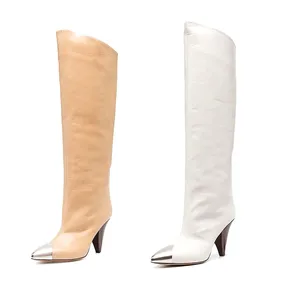 2021 High-Heeled CHELSEA STYLE Pointed Toe Iron-Toe Boots PU Upper Rubber Outsole Thin Heel Slip-On Closure Winter Knee-High
