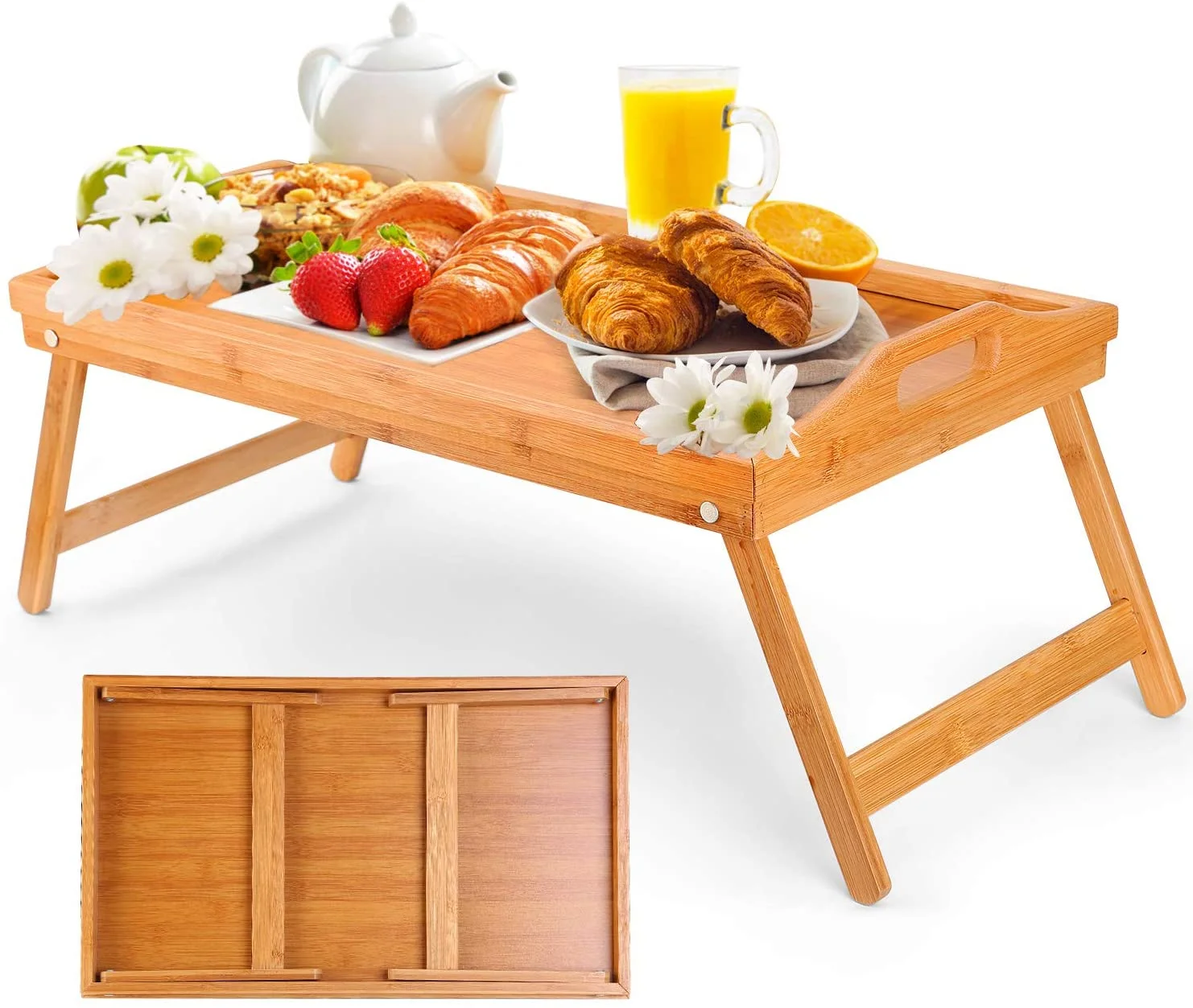 Modern Bamboo Bed Breakfast Tray Large Rectangle Serving Tray Single Folding Side Table for Home Travel Serving TV Dinner Food