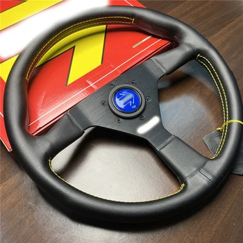 14inch/350mm for Momo Italy Black Genuine Leather Drift Sport Steering Wheel Yellow Line Flat Modified Steering Wheel