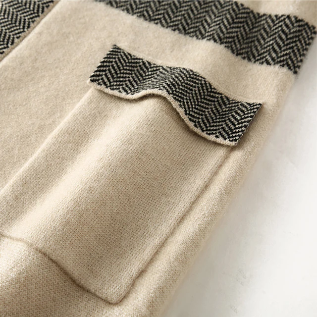 Women's Elegant V-neck Cashmere Dress Fashion Style Color Contrast Office Dress Casual Loose Long Cashmerte Wool Dress