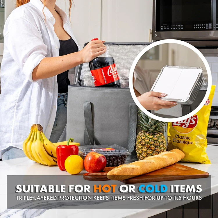 Custom Logo Print Non Woven Food Delivery Aluminum Foil Thermal Insulated Tote Lunch Bag Grocery Shopping Insulated Cooler Bag supplier