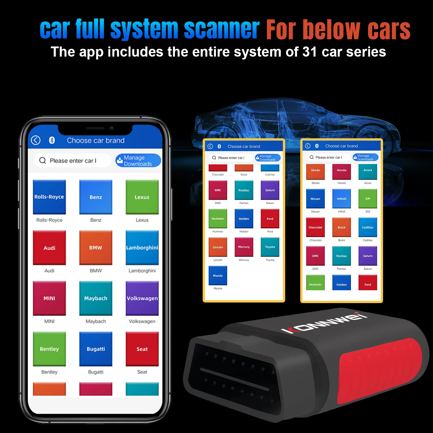KONNWEI KDIAG Factory Universal OBD2 Scanner Diagnostic Tools Full System Scanner with ABS air Bag for vw for benz for bmw  Cars