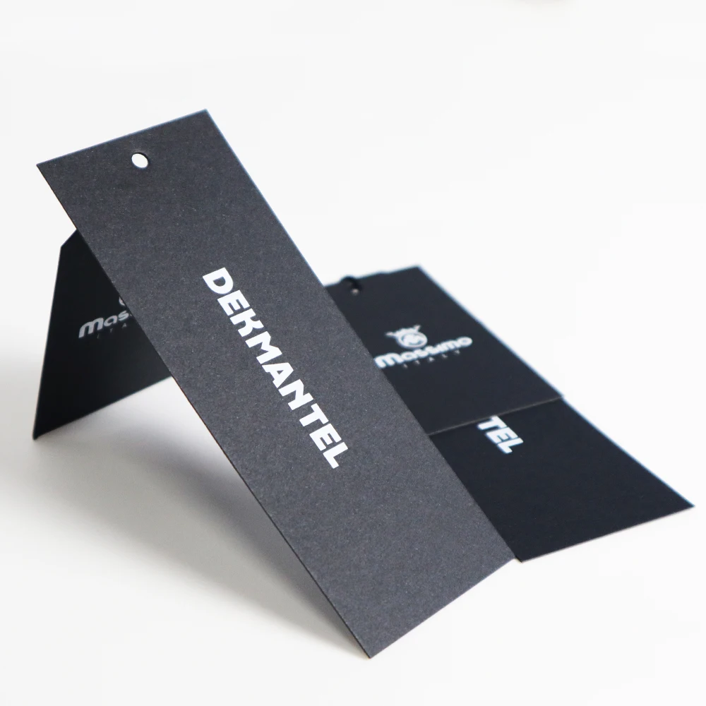 Custom Design Printing Brand Name Logo Black Paper Garment Tag for Clothes Packaging Bags and Tags