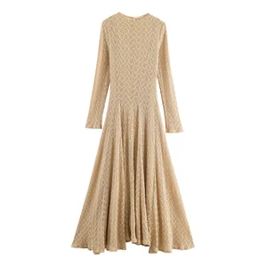 Customize Crew Neck Khaki Color Summer Breathable Woven Print Long Sleeve Casual Fashion Long Dress for Women