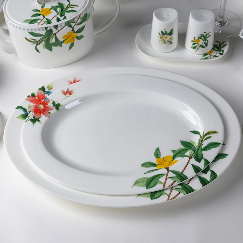 Bone Porcelain White Tableware Embossed BoneChina 48 Pcs Dinner Set Ceramic Tableware Porcelain Plates With Security Certificate