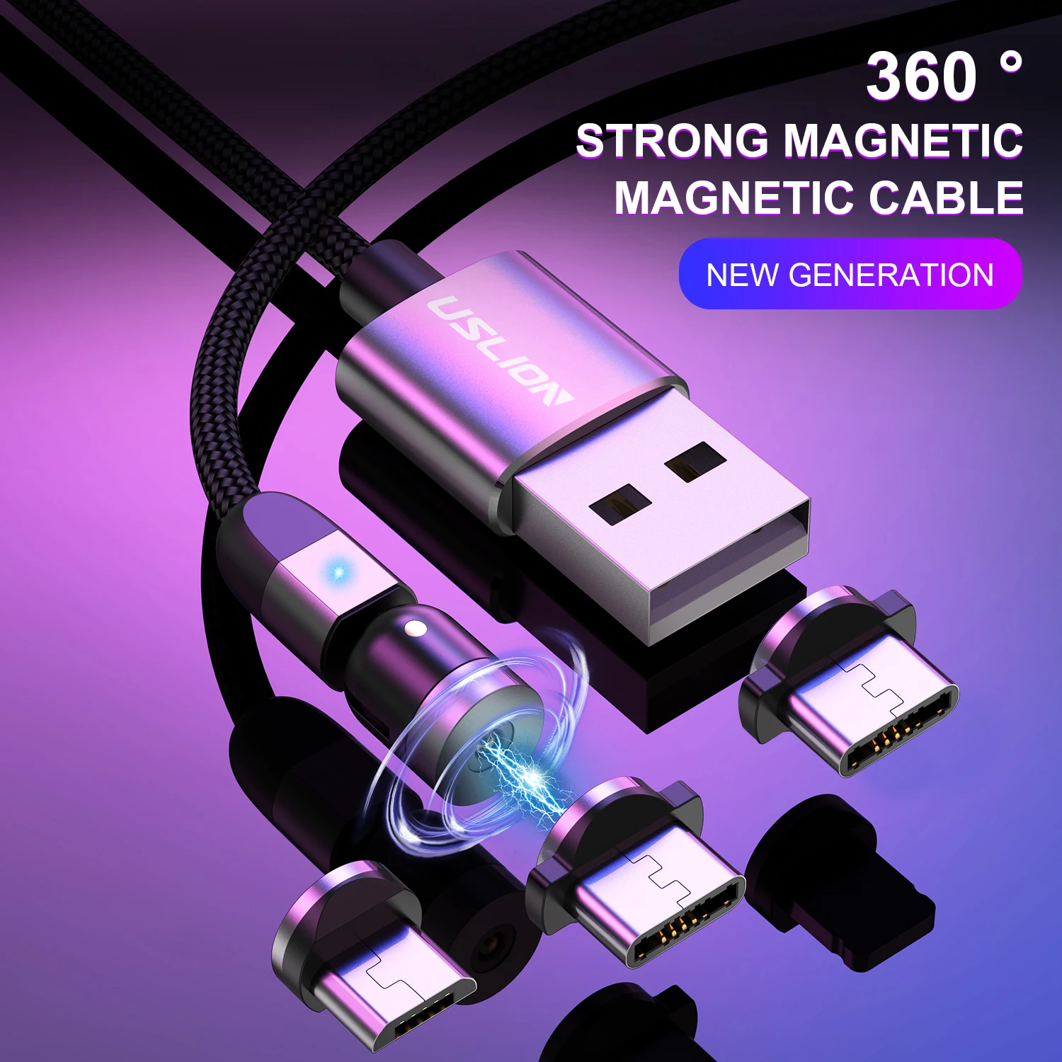 USLION 1M 540 Degree Rotating 3 in 1 USB Magnetic Charging Cable Type C Fast Charging Cable Micro USB Mobile Phone