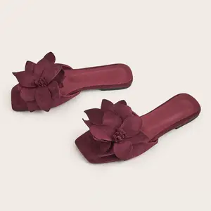BUSY GIRL CXX168 Women's Burgundy Suede Slide Sandals with Large Flower Square Toe Flip Flops Open Toe Flat Sandals for Women