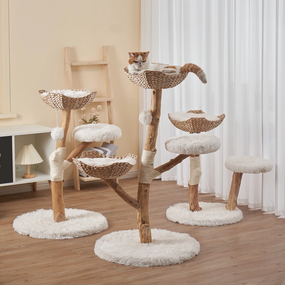 Modern Cat Tree Multi Level Natural Wood Cat Tower Unique Design Easy