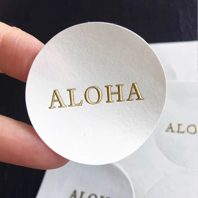 hot selling customized brand glorious textured specialty paper light gold sticker round embossed letters sticker label