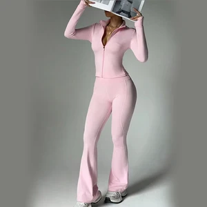 Y2K Flare Pants Tracksuit Women Zip Coat High Waist Tummy Control Breathable Leggings De Yoga for Autumn Outdoor Running Wear