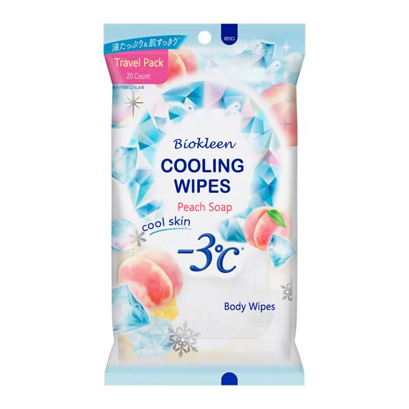 Biokleen OEM 20 Count Unscented Refreshing Floral Peach Soap Body Staying Comfortably Cool Wet Wipes Sweat Cooling Wipes