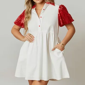 OEM Button Up Blank Sequin Puff Sleeve And Neck Women Mini Dress Tiered Ruffled Cotton Sequin Bubble Sleeve Women Mini Dress