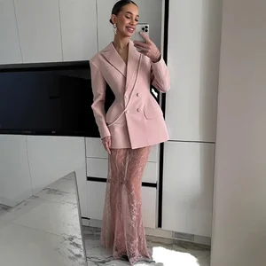 Customize Office Lady Button Lapel Blazer Set Women Casual Autumn Breathable Pink Jacket Skirt Two Piece
