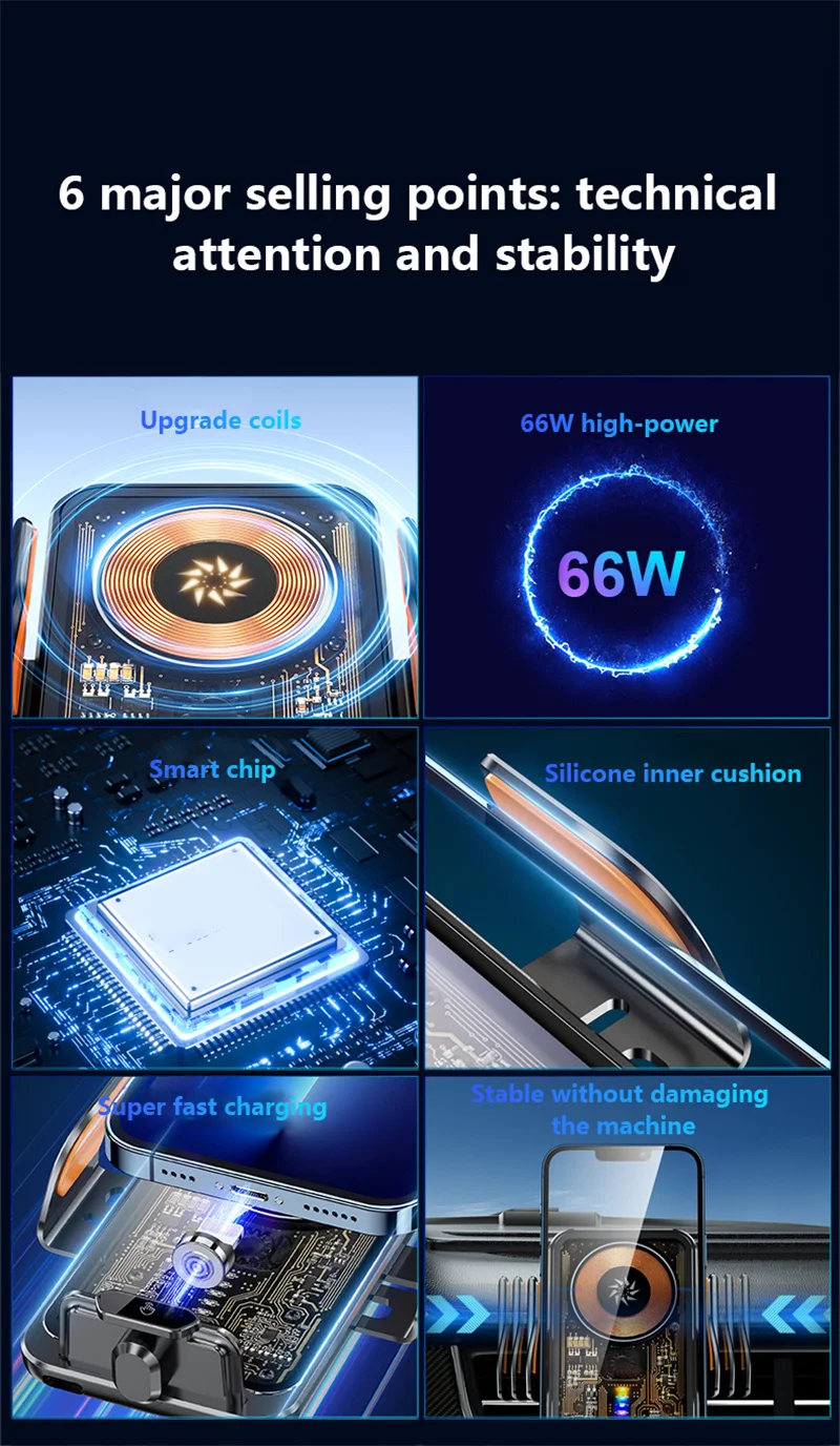 66w快速充电手机支架,带15w无线充电磁性导航手机支架,用于手机和麦克风