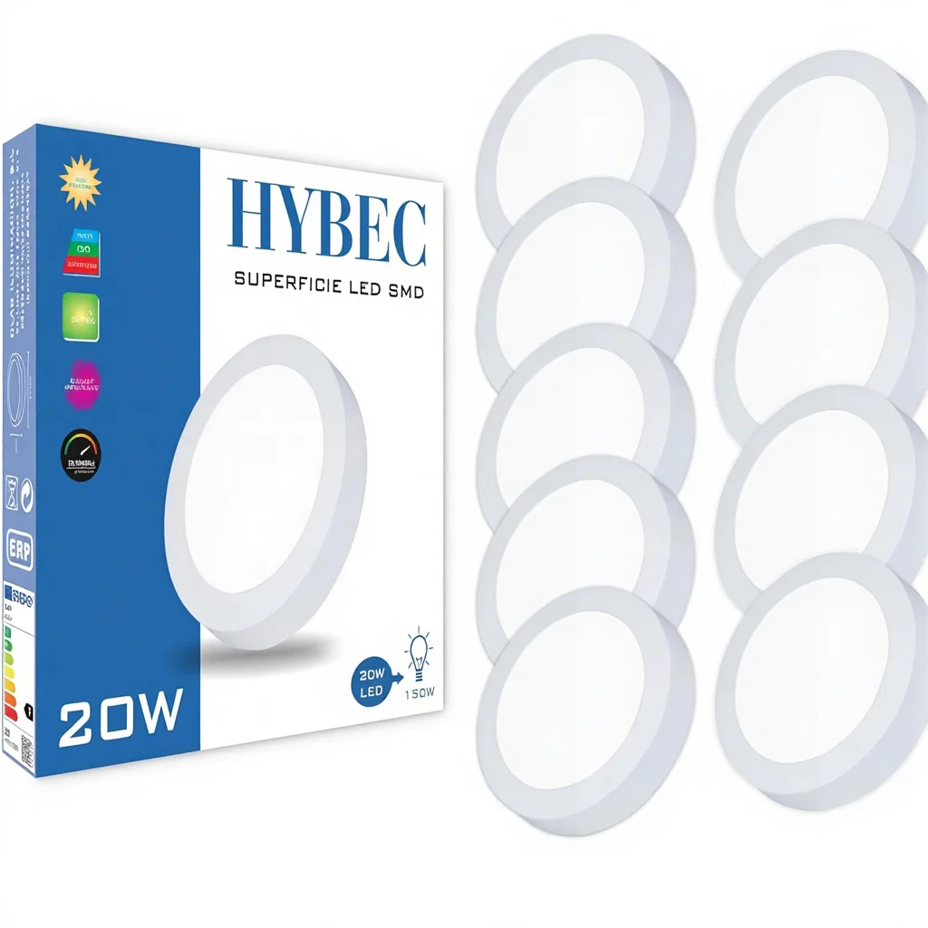 HYBEC 20 W metall yttakmonterad LED-nedåtriktad armatur för kök och badrum, platta takarmatur i varmt vitt 3000 K (förpackning med 9 st)