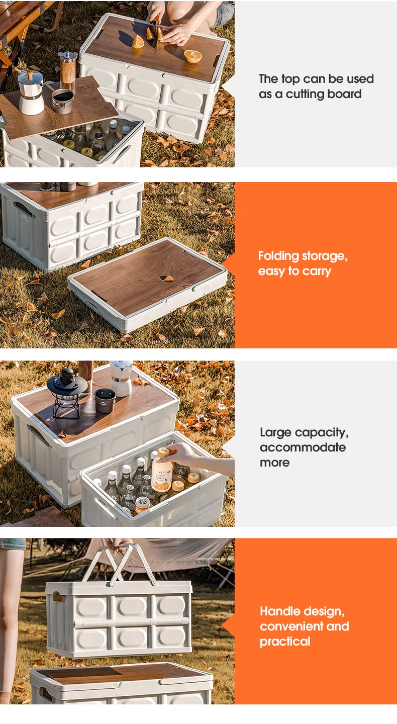 Wannuo Camping storage box Collapsible plastic storage box 50L capacity folding pltasic storage box with wooden lid factory